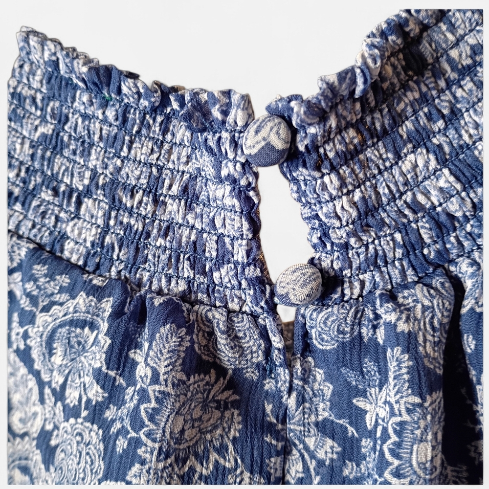 EUC 1. STATE Blue Floral High Neck Sleeveless Ruffle Smocked‎ Dress Size L - Picture 5 of 7